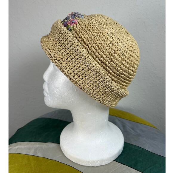 Vintage 90s- Woven Paper Hat- Flower Sequin Detail- Sz 7-14 preppy - Picture 2 of 5